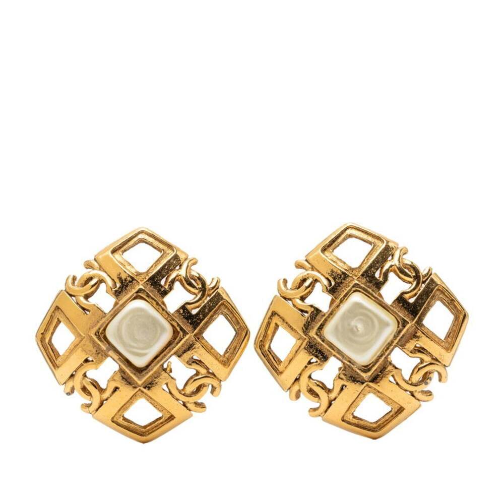 CHANEL Authentic Vintage Gold Pearl Logo Earrings